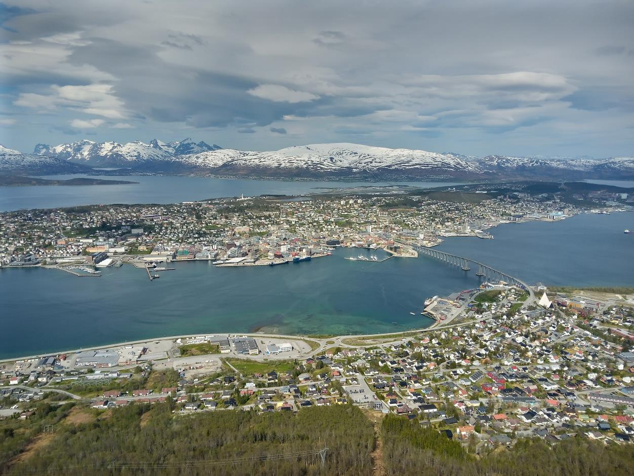 Tromsø. Akvaplan Niva´s Headquarters can be seen on the island´s embankment, to the left. University of Tromsø is visible all the way to the right.