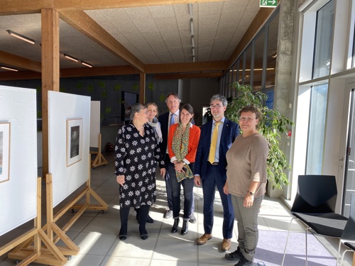 Opening of the exhibition 'Arctic Twilight, pastels by Jean Malaurie' at the University of Greenland in Nuuk, 2 May 2023. From left to right: Gitte Adler Reimer, Rector of the University of Greenland; Joanna Kodzik (MIARC), Jan Borm (MIARC and UArctic Chair in Arctic Humanities), Catherine Billard, 1st Vice-President UVSQ ; Alain Bui, President of UVSQ; Paneeraq Siegstad Munk, Bishop of Greenland.